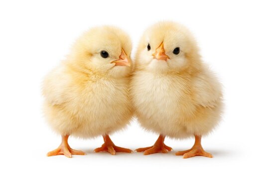 Two soft feathered chicks side by side on pure white background
