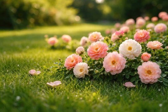 Cheerful Polyantha pet roses exploring rich green grass lawn full length summer afternoon with copy space