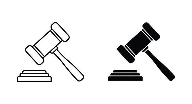 Judge gavel icon set in linear and solid styles for legal proceedings and court room branding vector illustration