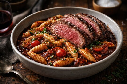 Nordic bowl presentation featuring Italian Chianina roast beef and gnocchetti sardi with a spicy red wine sauce