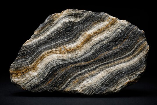 Textured gneiss rock slice exhibiting distinct banding and mineral features on solid black background