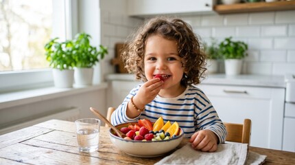 Young girl eating healthy fruit salad at kitchen table