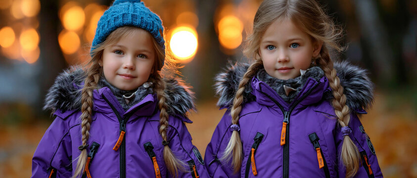 Two girls in purple down jackets with fur-trimmed hoods stand against a backdrop of warm lights, creating a cosy setting for children&rsquo;s clothing, winter collections and family celebrations.