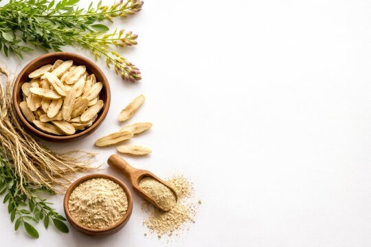 Ample copy space on white surface highlighting astragalus herb for natural health ideas