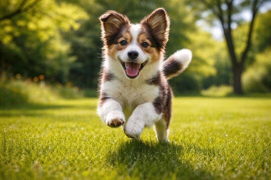 Playful pet bounding over a rich green grass lawn in the clear summer daylight full length view