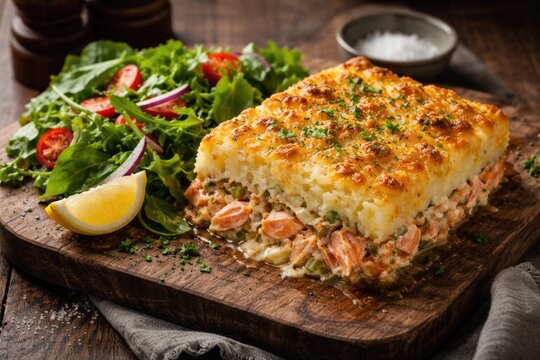 Mouthwatering salmon parmentier with green salad on weathered wooden board