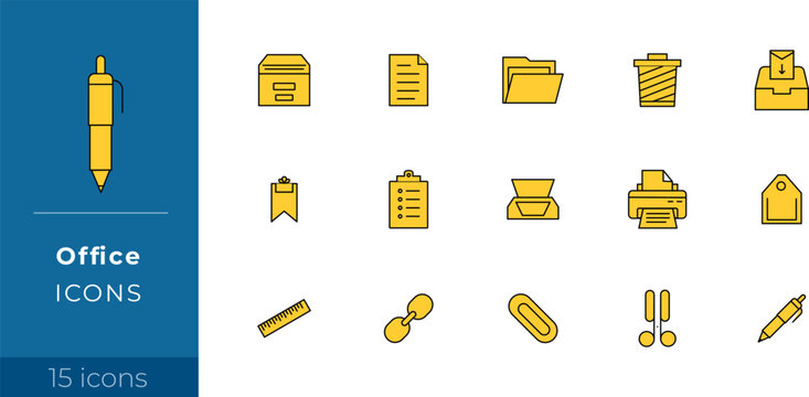 A professional set of 15 yellow icons featuring essential office and stationery items. The collection includes detailed symbols for administrative tasks, such as files, folders, printers, pens, 