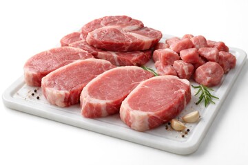 Obraz premium Uncooked pork meat portions resting on a plastic board with a plain white background