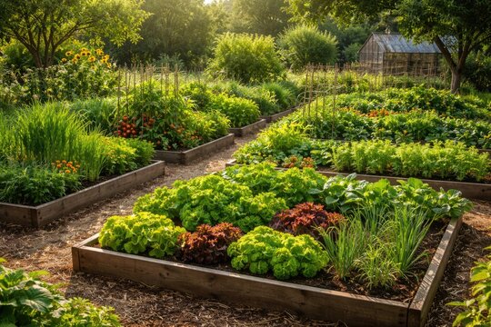 Organic gardening scene featuring vibrant plants and well structured vegetable beds