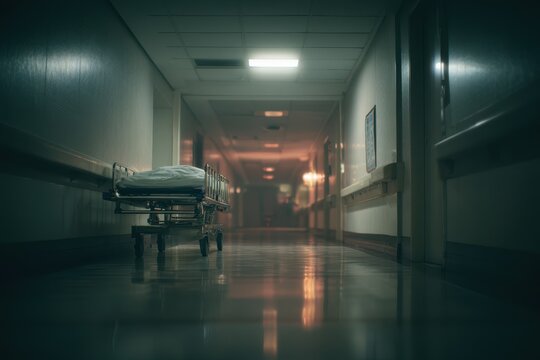 Desolate hospital hallway with an unoccupied stretcher under cold fluorescent light