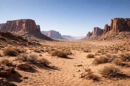 Wide desert scene with rocky formations and clear sky