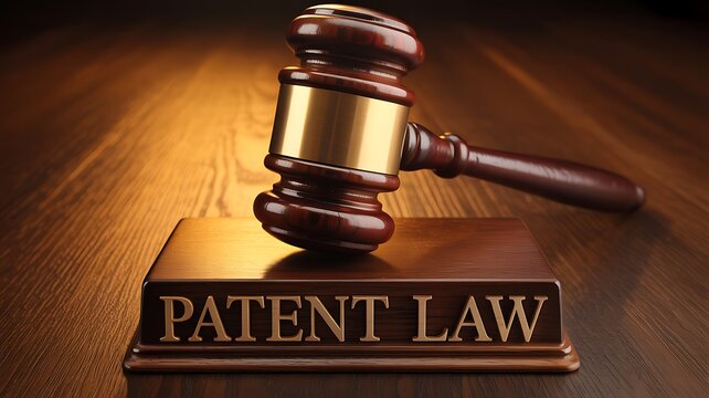 Patent law concept with judge gavel and legal authority background