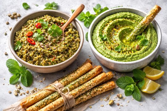 Seeded mung bean dip and vibrant green hummus accompanied by mint grissini breadsticks on light grey background