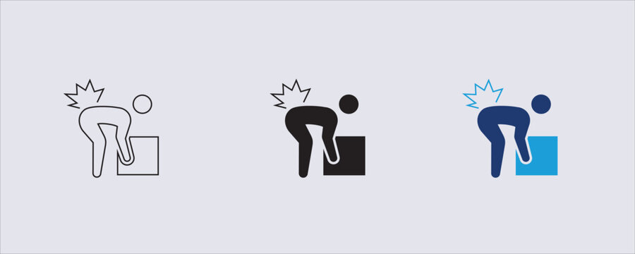 A pictogram of a person experiencing acute lower back pain while attempting to lift a box. cushion, damaged, dangers of improper lifting techniques and the resulting physical strain on the lumbar spin