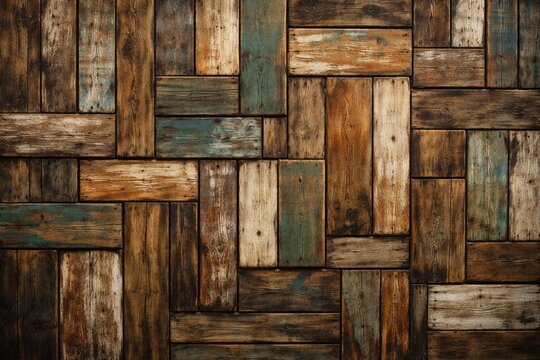 Rustic wall or table covered with a mosaic of distressed aged wooden boards