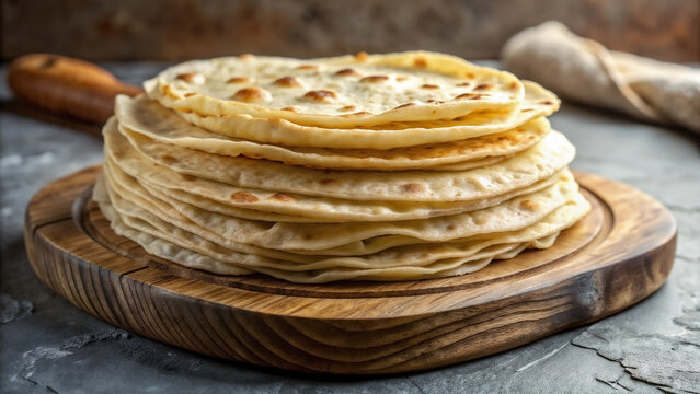 Golden brown lefse stack on rustic wooden board, displaying traditional Norwegian potato flatbread with delicate soft texture.