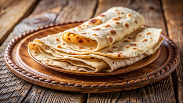 Delicious lefse on rustic plate, traditional Norwegian flatbread delicately folded and stacked. Freshly baked lefse on rustic plate, perfect for festive gatherings and cultural celebrations.