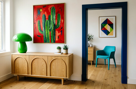 Modern Living Room with Vibrant Art and Wooden Furniture