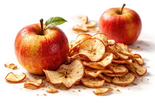 Artistic apple images using different shading effects complemented by a pile of crunchy apple chips on a white backdrop