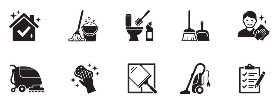 Cleaning Service and Housework Icon Set. Sanitizing, Hygiene and Domestic Maintenance Symbols. Vector Illustration.
