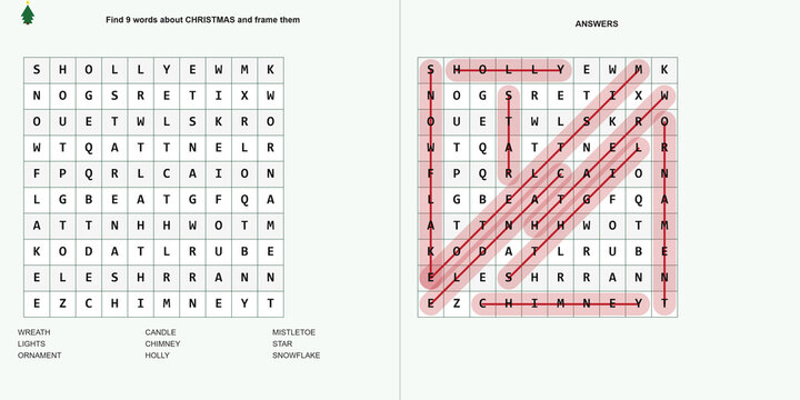 Word search puzzle featuring words related to Christmas  