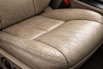 Used cream colored car seat leather showing cracks and scrapes