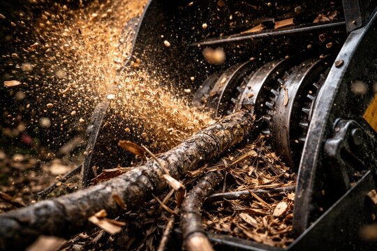 Macro photography of wood chipper in operation with airborne wood particles and textured shredded branches