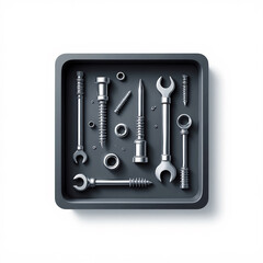 Fototapeta premium Assorted metallic hardware tools and fasteners organized in dark grey industrial tray box.