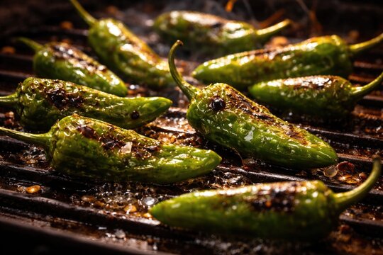 Olive oil coated Padron peppers sizzling on a grill for a classic snack