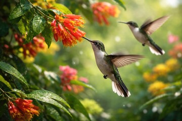 Obraz premium Delightful white-tailed hummingbirds enjoying nectar on vibrant blossoms within thick green vegetation