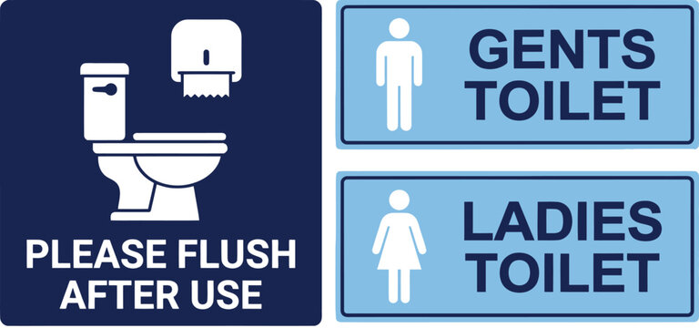 Restroom signs for gents and ladies toilets, please flush after use, public facilities