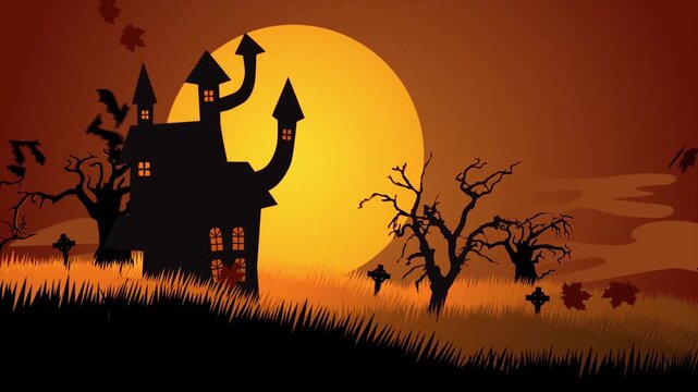 Spooky Halloween Night Animation with Haunted House, Flying Witches, and Full Moon