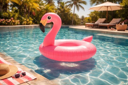 Relaxing summer vibe with pink flamingo pool float casting shadows