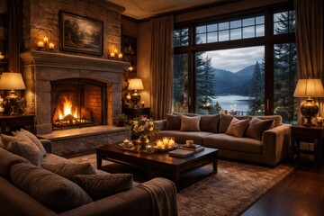 Obraz premium Refined lounge with glowing fireplace and serene window scene