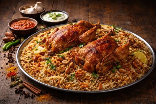 Full portion of regional chicken mandi and kabsa mix with fragrant rice and copy space