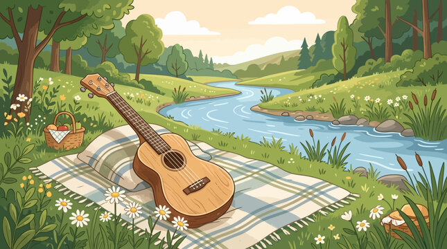 ukulele on a plaid blanket by a serene river with a picnic basket