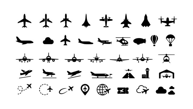 Aviation icon vector set with airplane and travel symbols
