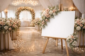 Naklejka premium Wedding venue decorated with a blank sign on easel and floral arrangements