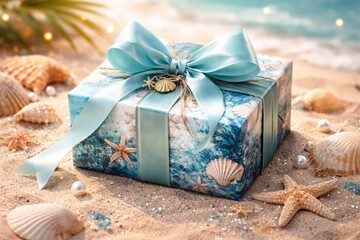 Naklejka premium Ocean motif gift box with ribbon embellishment for birthday surprise