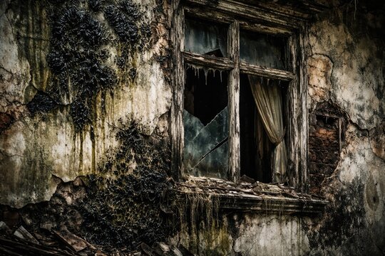 Close up of a ruined house facade displaying toxic black mold from severe water infiltration