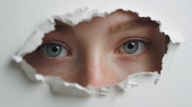 Hidden eyes peering through ripped white poster paper, macro portrait