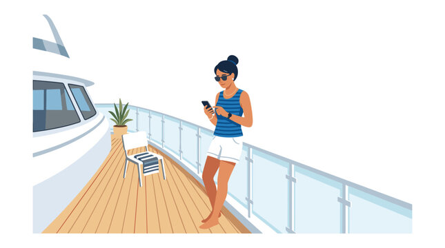 A woman in a blue striped shirt and white shorts checks her smartphone on a cruise ship balcony with a bright white background and wooden deck flooring.
