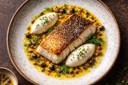 Overhead image of traditional cod fillet seared with skin, paired with cream quenelles and passion fruit sauce on ceramic serving plate