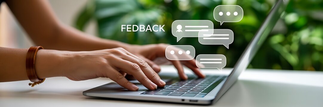 Customer feedback and online review concept with laptop interface