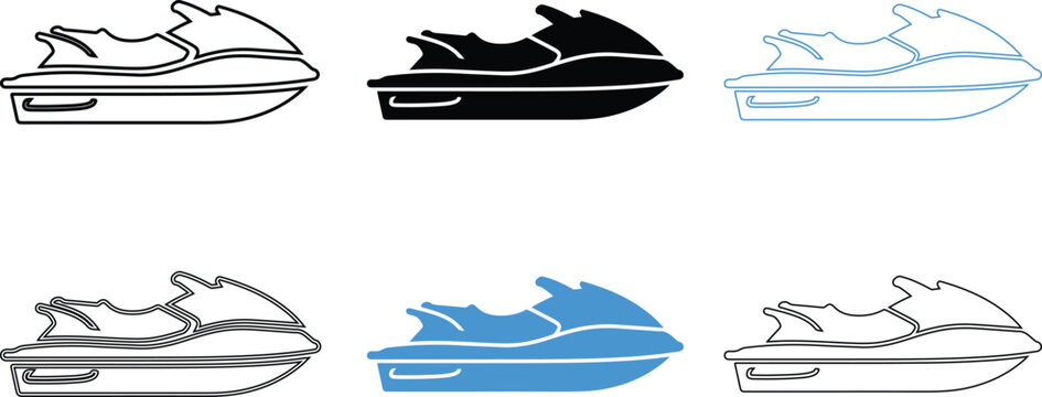 Jet ski icons in multiple angles and line styles on white background
