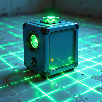 Laser level projecting green grid lines onto tiled floor in dark room construction site.