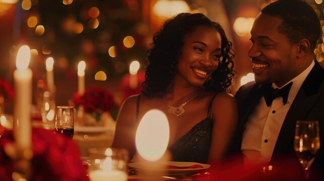 Affectionate Black couple enjoying a romantic candlelit dinner date in a luxury restaurant with warm glowing bokeh lights, wearing elegant evening wear for a holiday celebration.