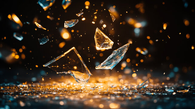 Abstract sadness represented by falling glass shards against a dark, moody background