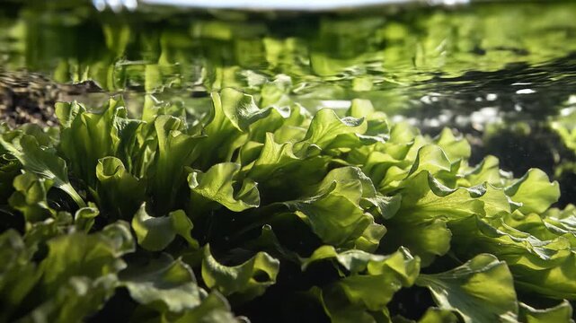Underwater view of vibrant green seaweed swaying gently in clear ocean water.