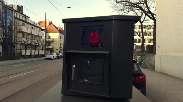 Traffic speed control camera in Munich city center. Roadside enforcement device used for monitoring vehicles, improving safety and ensuring compliance with traffic regulations in Ger